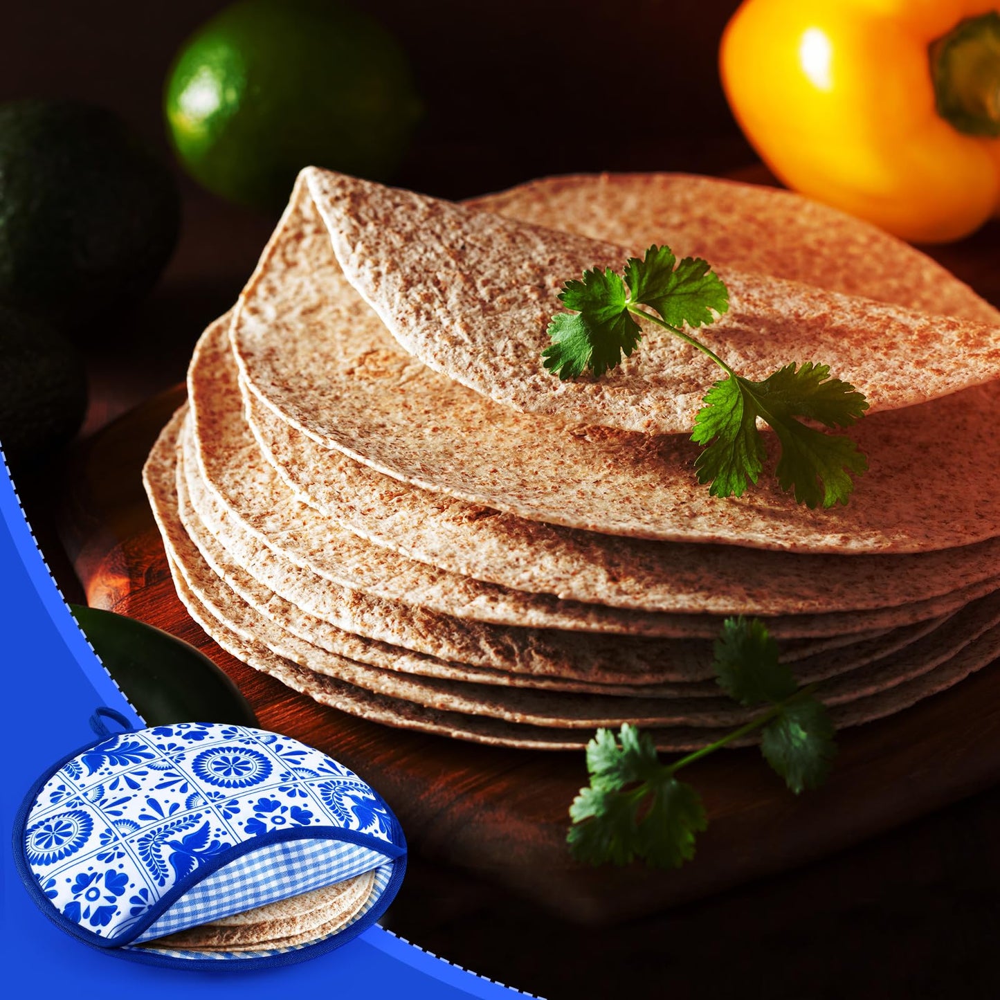 Honeydak 2 Pcs Tortilla Warmer Pouch, Mexican De Barro Talavera Pattern Microwavable Insulated Cloth Pouch for Tortillas, Tacos, Naan, and Pizza Rolls(Blue Talavera,8 Inch)
