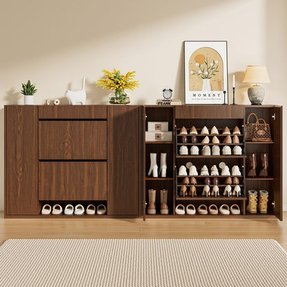 ONBRILL Large Shoe Cabinet with 2 Flip Drawers (3-Tier Each), 27-35 Pairs Shoe Organizer with Storage Drawer, 2 Doors & Open Shelf, 47.2'' Wide Shoe Storage Cabinet for Entryway Hallway (Walnut)