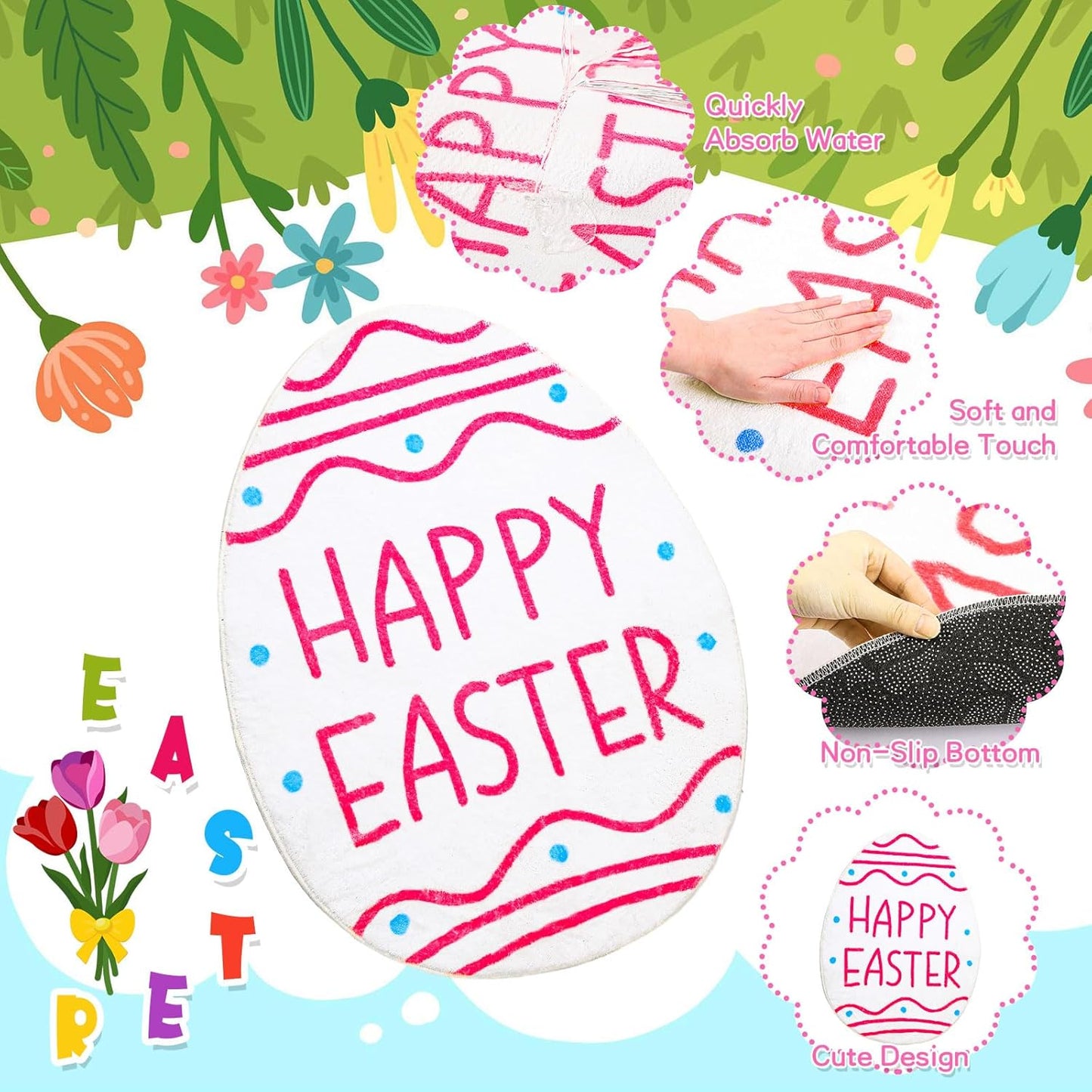 Easter Bathroom Rug, Easter Eggs Bunny Mat, Non-Slip Doormat for Indoor Outdoor Home Holiday Decoration