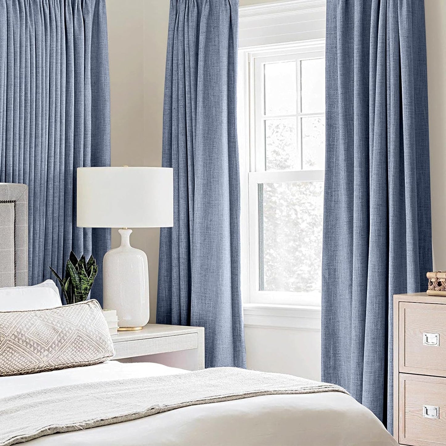 MIULEE Linen Blackout Curtains - 100% Room Darkening Thermal Insulated Grommet Panels | 42x84 inches, Stone Blue