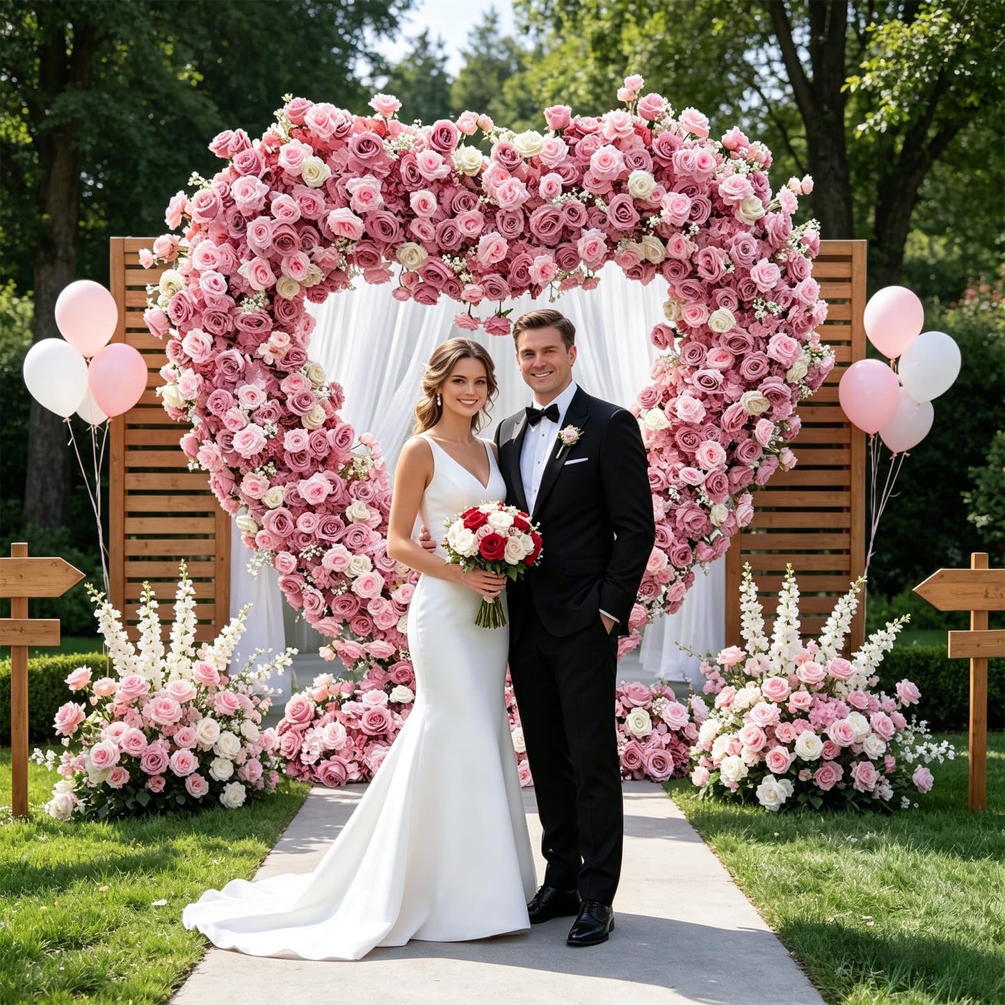 6.56x6.56ft Heart-Shaped Artificial Flower Arch Backdrop with Fabric Base, Floral Decor for Wedding Arch, Ideal for Birthday Banquets & Outdoor Party Scene Decoration (Pink, Arch Frame Not Included)