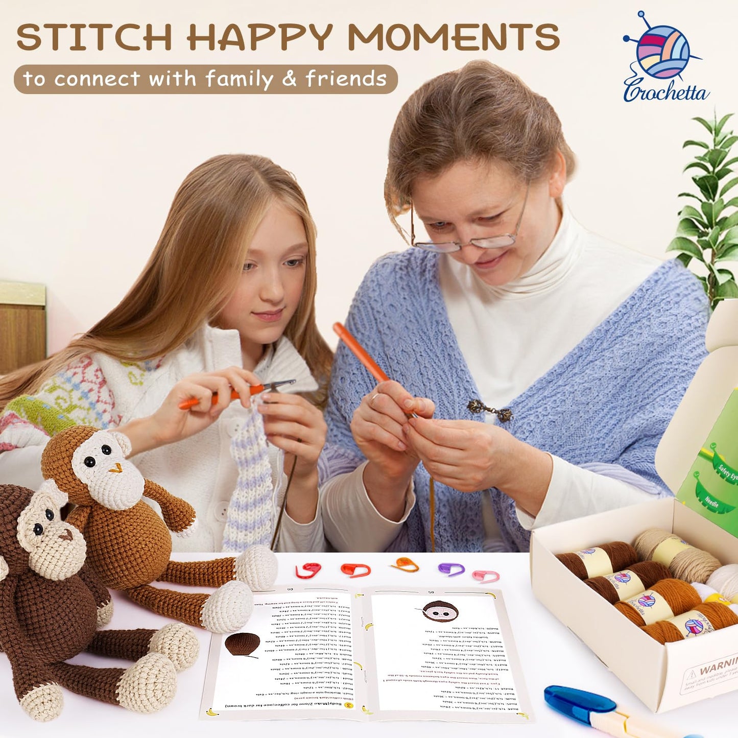 Crochetta Crochet Kit for Beginners, Crochet Kits with Step-by-Step Video Tutorials, Learn to Crochet Animal Kit for Adults Kids, DIY Craft Knitting Supplies, Monkey Amigurumi Gift(40%+ Yarn)