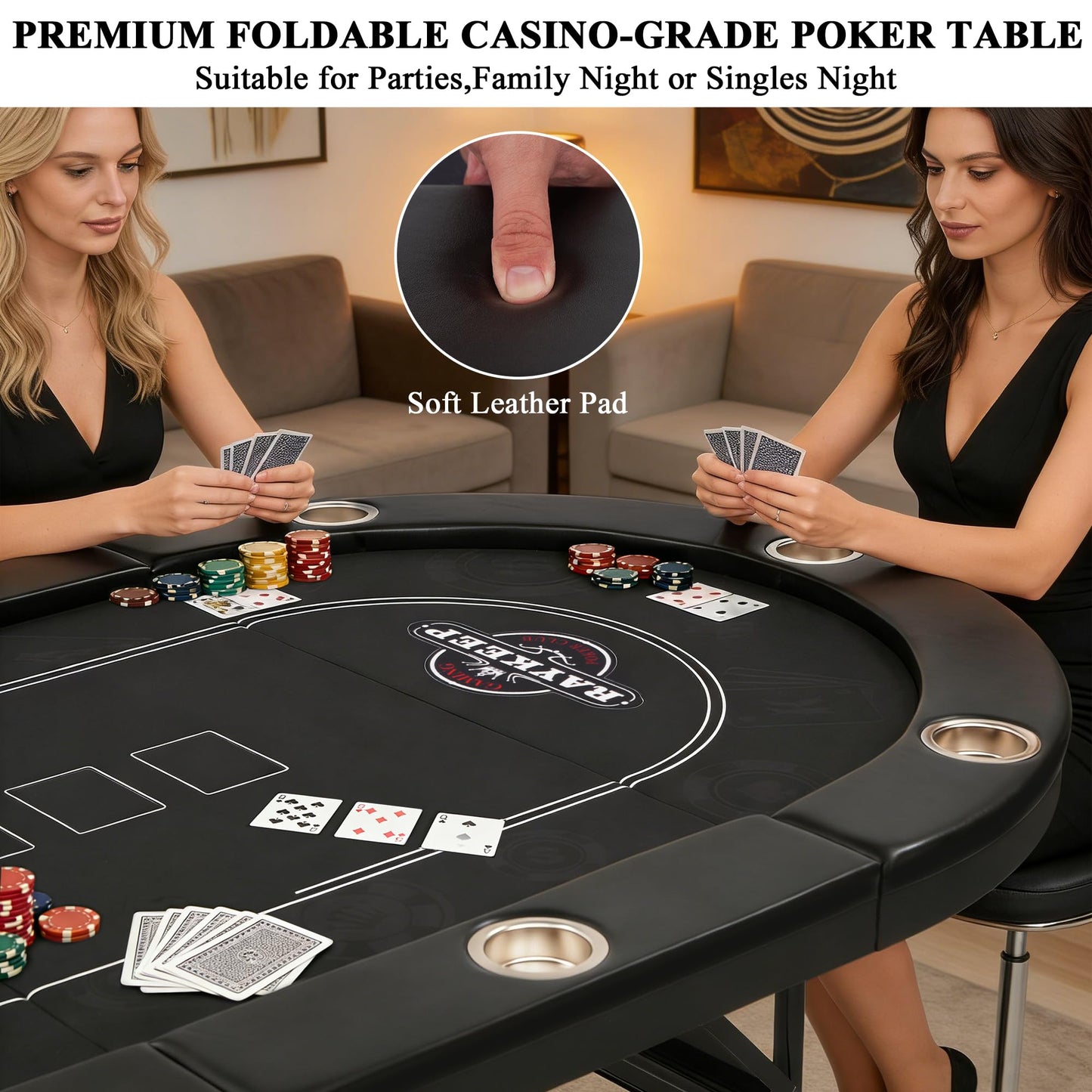 RAYKEEP 84" Poker Table for 10 Players, Foldable Texas Holdem Table with Padded Rails & 10 Cup Holders, Portable Casino Board Game Table for Game Room, Blackjack, Party (Black)