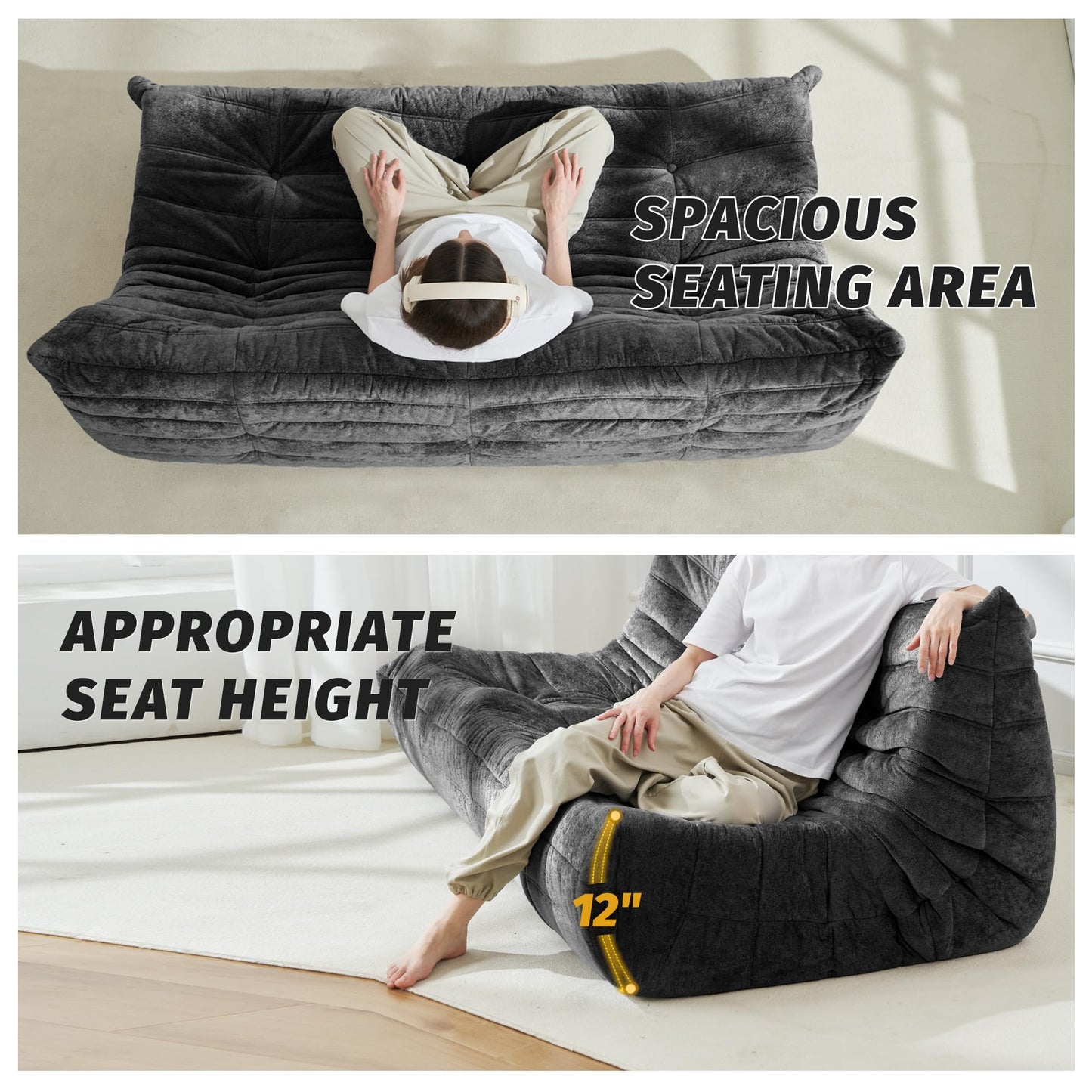 Homguava Bean Bag Chair, Giant Beanbag Chairs for Adults, Memory Foam Fireside Chair, Large Lazy Floor Sofa, Sofa Couch with High-Rebound Foam, Lounge Chair for Living Room, Bedroom (Grey, 3-Seater)