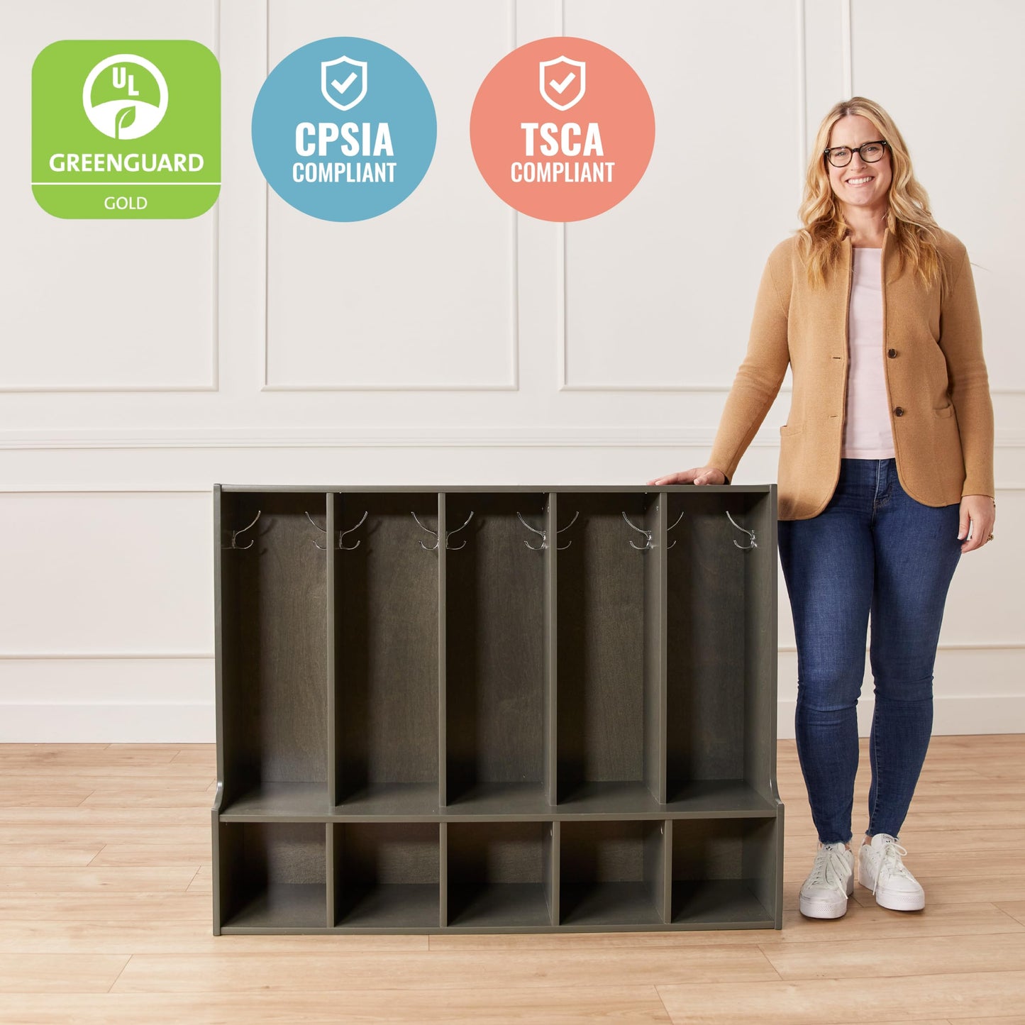 ECR4Kids Streamline 5-Section Toddler Coat Locker with Bench, Classroom Furniture, Grey Wash