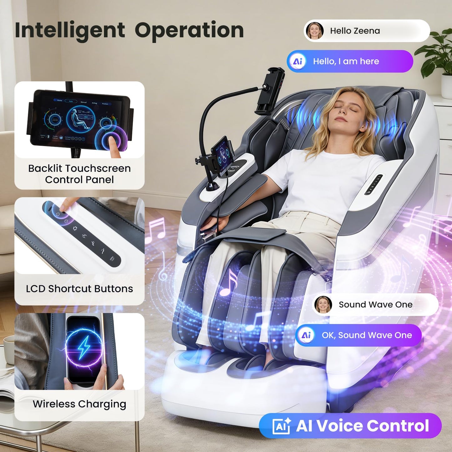 KTENTITO 4D Music Rhythm Massage Chair Full Body Recliner, 2026 Unique Sonic Resonance Zero Gravity SL-Track Shiatsu with Knee Heating Blanket AI Voice Bluetooth Foot Roller Body Scan Airbags G9 White
