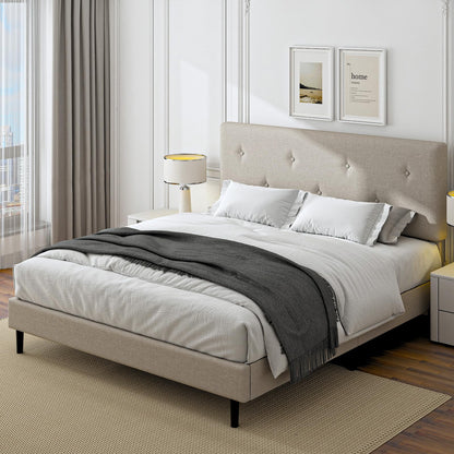 Mxhtcewz King Size Linen Bed Frame, Upholstered Platform Bed Frame with Adjustable Headboard, Wooden Slats Support, Easy Assembly, No Box Spring Needed, Beige
