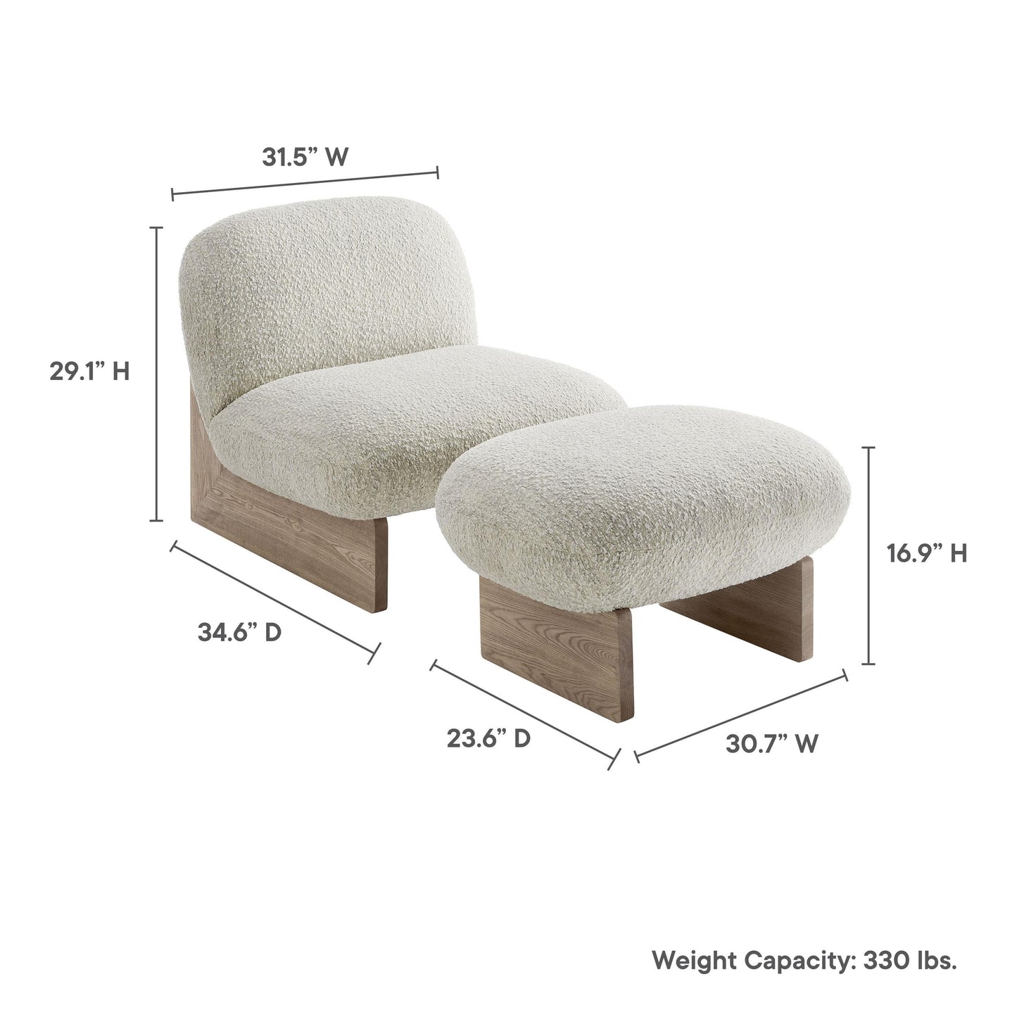 Modway Loyal Boucle Fabric Accent Chair with Ottoman in Pearl Oak - Comfy Modern Armless Lounge Chair with Footrest - Upholstered Round Sofa Chair and Footstool Set for Living Room or Bedroom