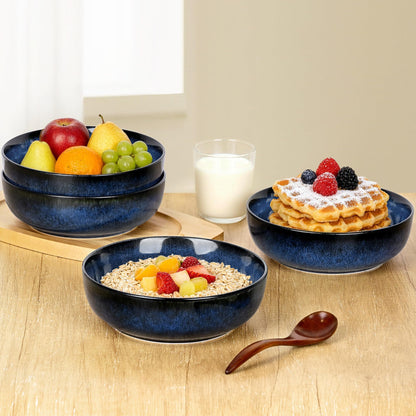 Ollieroo 4 Pieces 7.8 Inch Ceramic Pasta Bowls Set, 37oz Porcelain Reactive Glaze Salad Bowls Set, Large Serving Bowls Set for 4, Wide Bowls for Soup, Cereals, Fruit, Dishwasher Microwave Safe, Blue