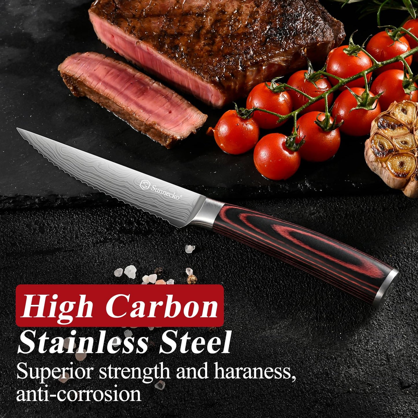 Sunnecko Razor-Sharp Steak Knives Set of 4,Premium Stainless Steel Serrated Steak Knife Set,Pakkawood Handle 4.5 Inch Kitchen Steak Knife with Gift Box