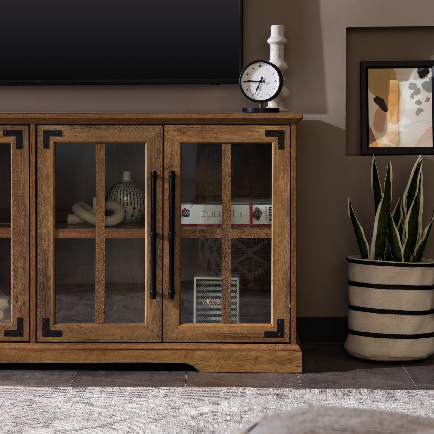 Walker Edison Farmhouse Barn Glass Door Wood Universal TV Stand for TV's up to 64" Flat Screen Living Room Storage Cabinet Doors and Shelves Entertainment Center, 58 Inch, Rustic Oak