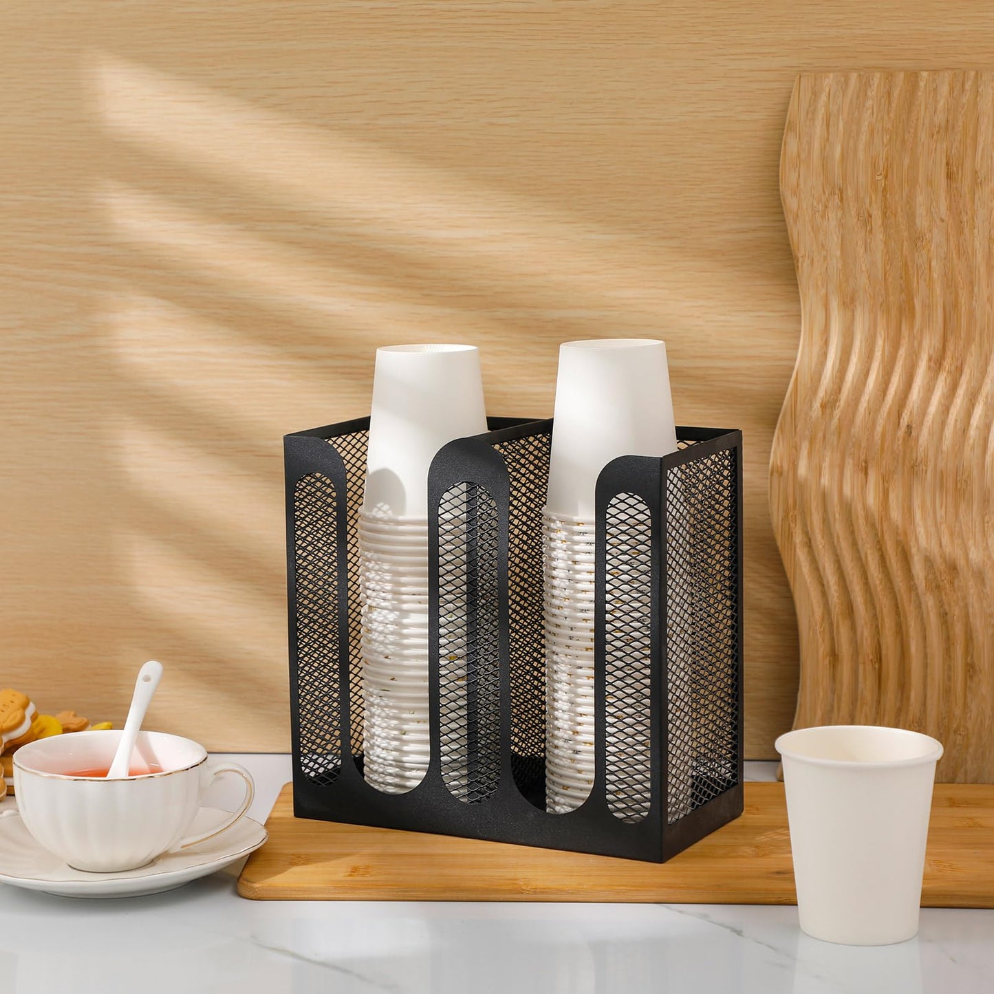 Maxcheck Metal Mesh Cup and Lid Holder Coffee Paper Cup Dispenser Lid Holder Storage Organizer Countertop or Wall Mount for Coffee Bar, Kitchen, Breakroom(2 Compartments,8.2 x 4.1 x 7.9 Inch)