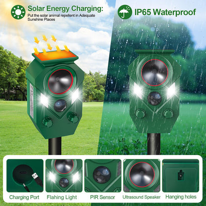 Solar Animal Repellent,Cat Dog Repellent Outdoor,Solar Animal Repeller with Motion Sensor,Waterproof Rabbit Repeller with Flahing Light for Yard Skunks,Raccoon Birds Squirrels Deer-4 Pack