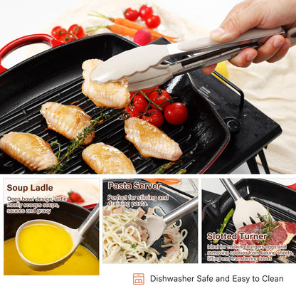 Silicone Cooking Utensils Set, NCUE 35 Pcs Kitchen Utensils Set with Holder, with Stainless Steel Handle Spatula Set, Spoons, Pasta Server, Cheese Grater, Masher, Scissors, Dishwasher Safe (Khaki)