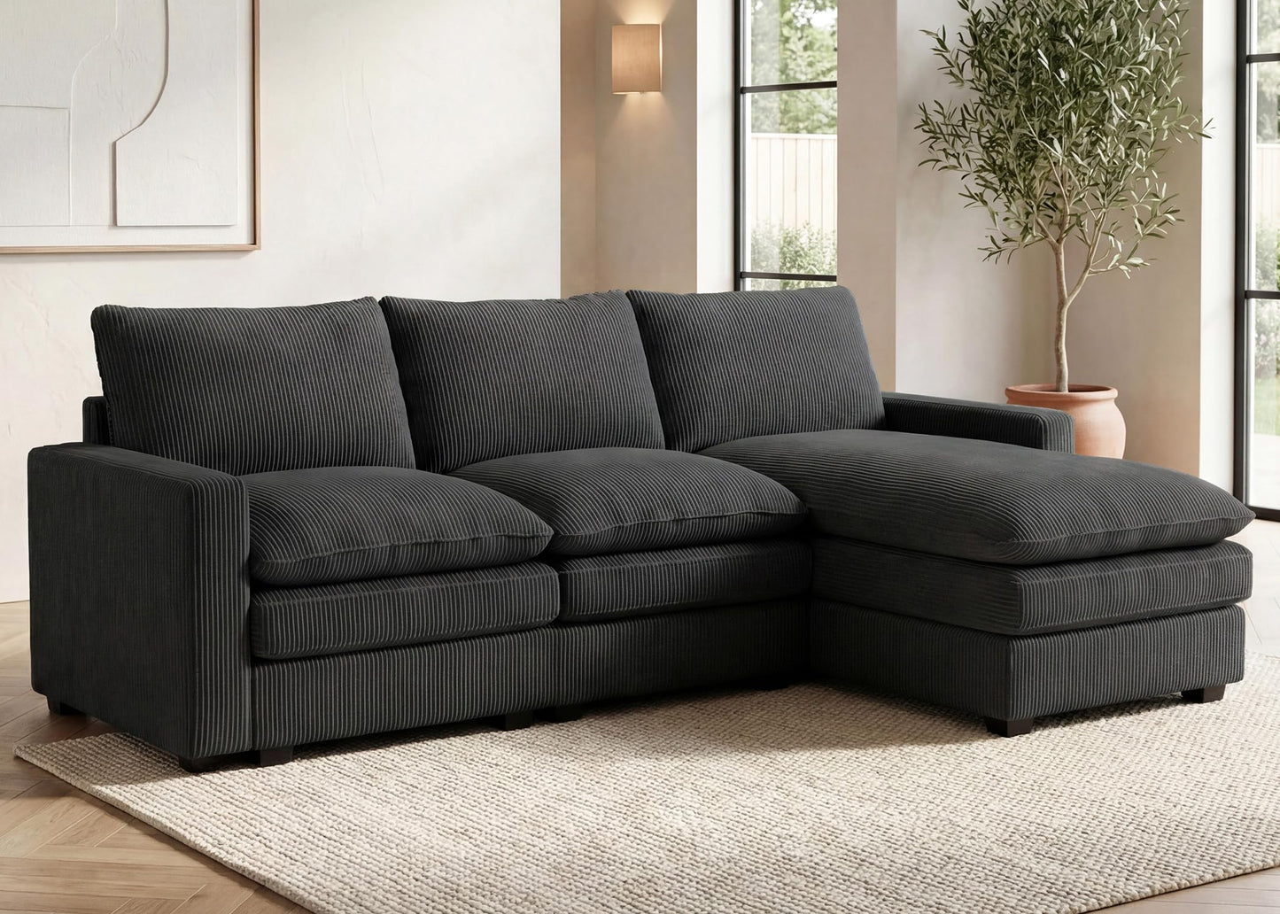 HONBAY 97.6 Inch Corduroy Cloud Modular Sectional Sofa with Chaise, Deep Seat L-Shaped Couch with Storage for Living Room, Apartment, Small Space,Grey