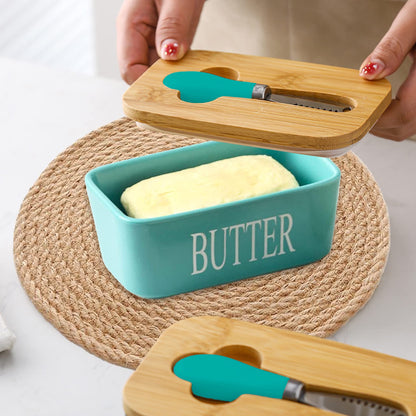 Lovelyduo Large Butter Dish with Lid for Countertop Ceramic Butter Container with Knife Holder Spreader Double Silicone Seals Butte Keeper Rectangle Blue