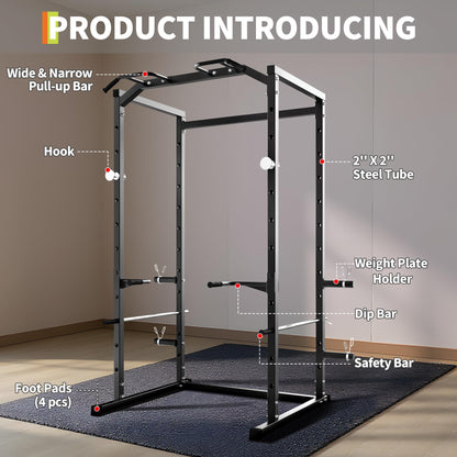 ActiveTrail Heavy-Duty Power Cage with Pull-Up Bar, 1100LB Capacity Squat Rack for Home Gym Strength Training with Adjustable j-Hooks & Safety Bars