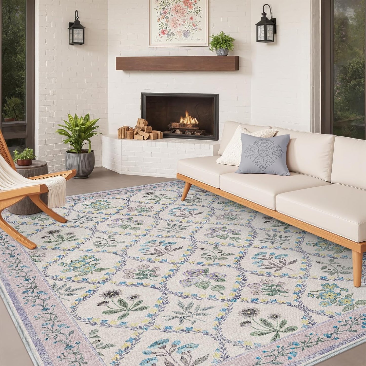 5x7 Purple Rug for Girls Room, Washable Boho Floral Area Rugs for Living Room, Cute Ultra-Thin Non Slip Indoor Girls