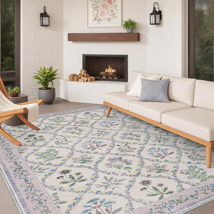5x7 Purple Rug for Girls Room, Washable Boho Floral Area Rugs for Living Room, Cute Ultra-Thin Non Slip Indoor Girls