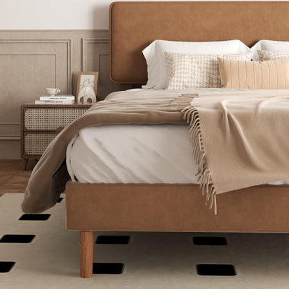 Sismplly King Size Upholstered Bed Frame with Adjustable Headboard, Faux Leather Platform Bed with Wood Slats, Lychee Grain Leather, No Box Spring Needed, Easy Assembly, Noise Free, Brown
