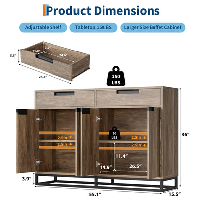 GarveeHome Sideboard Buffet Cabinet, 55-Inch Large Modern Kitchen Accent Storage Cabinet with 2 Drawers and 4 Doors, Coffee Bar Buffet Table for Kitchen and Dining Room (Retro)