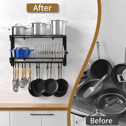YIGII Pot and Pan Organizer with 12 Anti-Drop Hooks, 2 Tier Heavy Duty Pot Rack Wall Mounted, Kitchen Cookware Utensils Hanger Organizers and Storage