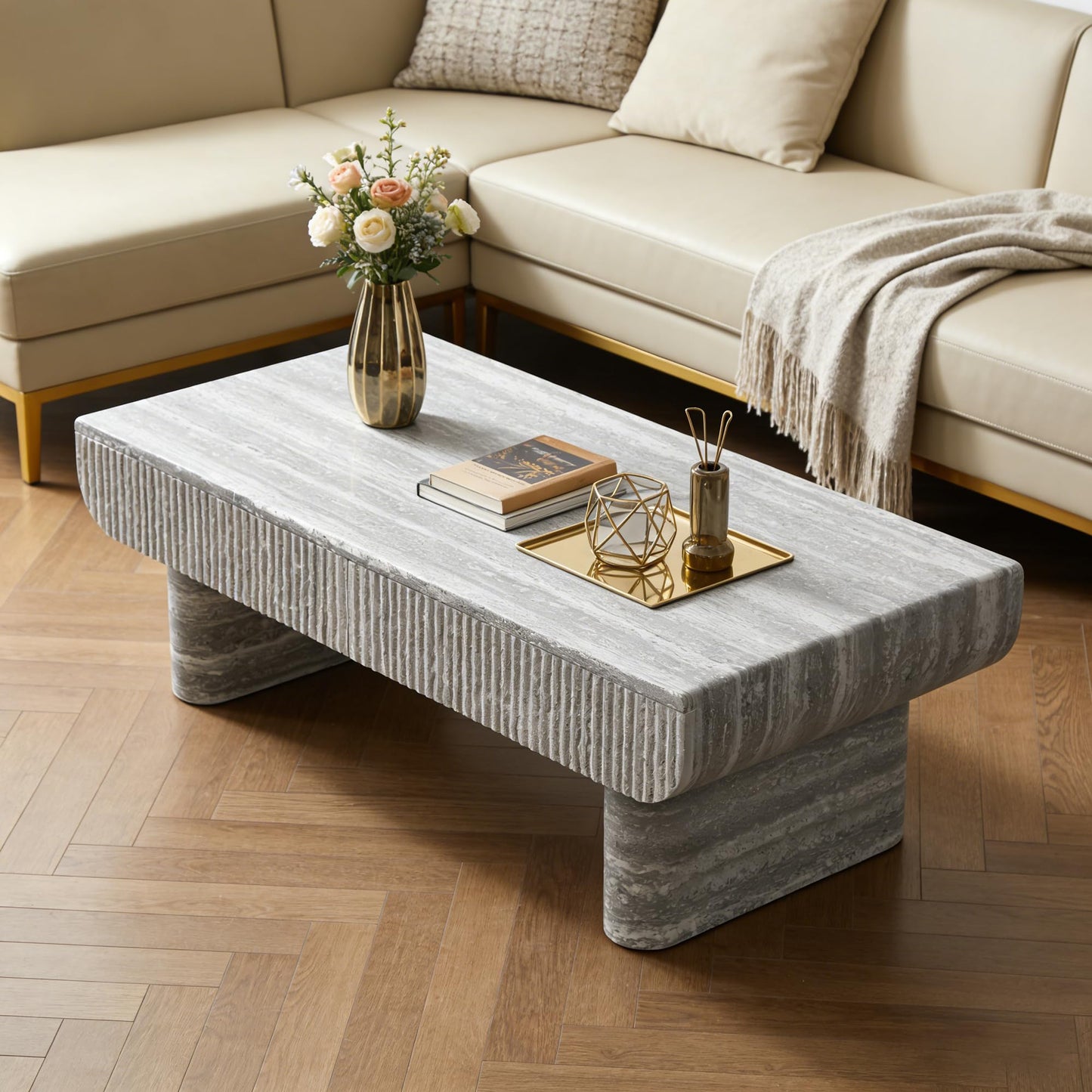 KEIKI 47" Coffee Table with Fluted Drawer, Oval Wood Coffee Table with Faux Marble Tabletop for Living Room or Office, Stylish Accent Table for Apartment or Studio, Beige Gray