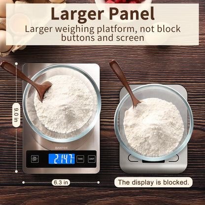 BakFee Food Scale, 33lb Digital Kitchen Scale with Stainless Steel & Tempered Glass, USB Rechargeable, 1g/0.05oz Precise Weighing, Splash-Resistant and Sturdy Surface, for Cooking, Baking, Weight Loss