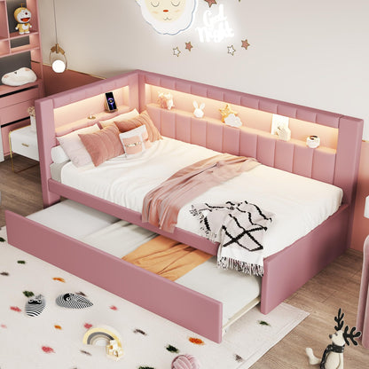 Bellemave Twin Size Upholstered Daybed with Trundle and USB/LED Belt, Corner Bed with Trundle. L-Shape daybed for Bedroom Living Room, Pink（Linen）