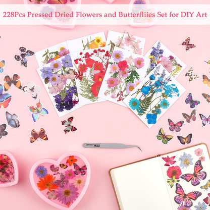Dfqsofd 228Pcs Pressed Dried Flowers with Butterfly Stickers for Crafts, Natural Real Dried Pressed Flowers for DIY Art Butterfly Stickers Tweezers for Candle Soap Making, Scrapbook