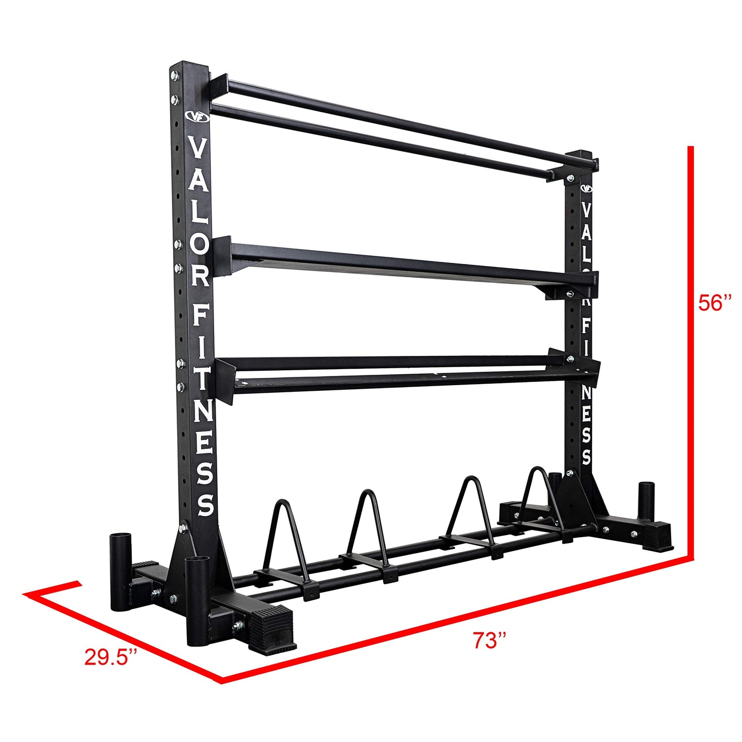 Valor Fitness Heavy Duty 4-Tier Gym Equipment Storage Rack – Organize Kettlebells, Dumbbells, Medicine Balls, Bumper Plates & 4 Barbells, 1200 lb Capacity for Home Gym Sports Equipment Organizer