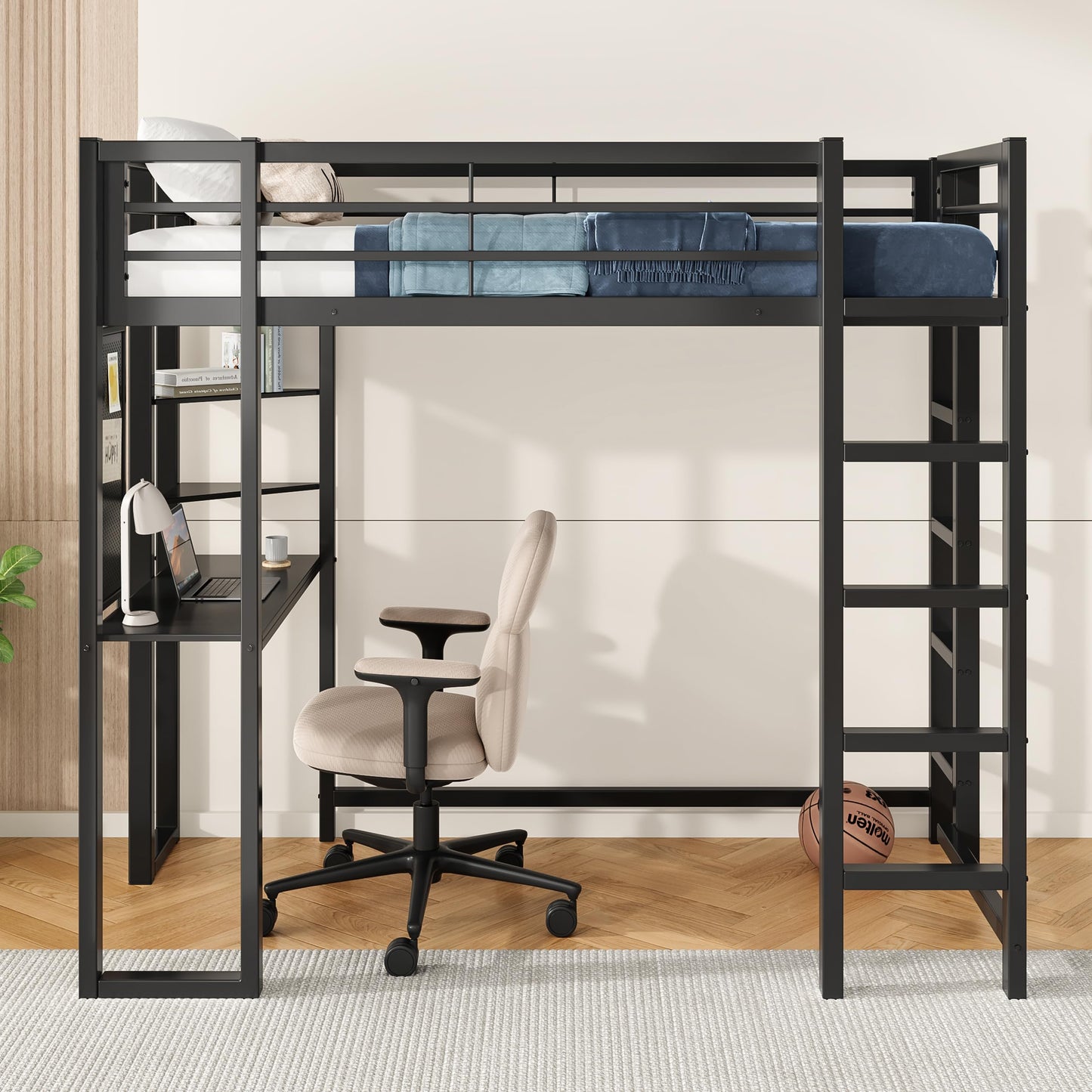 KEIKI Twin Size Loft Bed with Desk, 2 Side Ladders, Storage Shelves, Safety Guardrail, No Box Spring Needed, Space-Saving Metal Loft Bed Frame for Kids/Teens/Adults