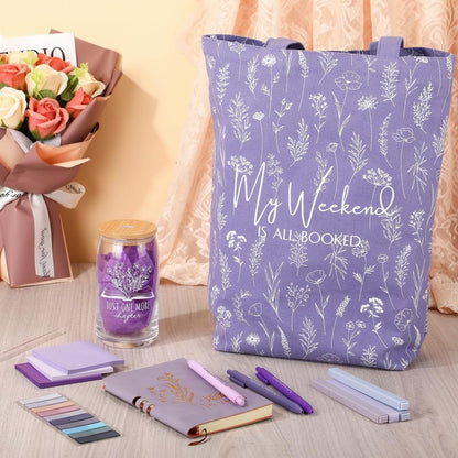 Havawish 14 Pcs Book Lovers Gifts for Women 16 oz Glass Cup Tote Bag A6 Journal Notebook Ballpoint Pens Highlighters Sticky Notes for Library Reader Bookworm Book Club(Purple,Aesthetic)
