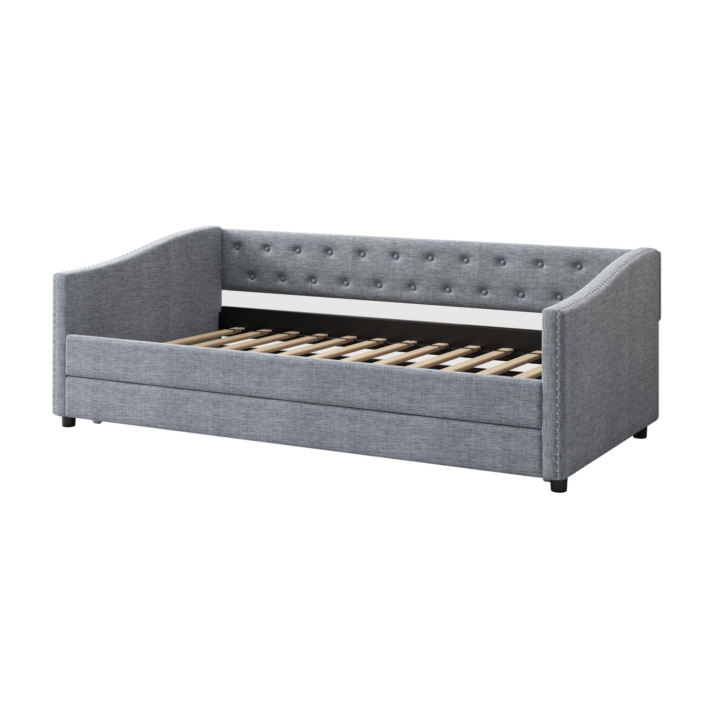 FAVSH Upholstered Daybed with Trundle, Twin Size Day Bed w/Button-Tufted Back and Piping on Waved-Shape Arms for Bedroom or Guest Room, No Box Spring Required, Light Gray