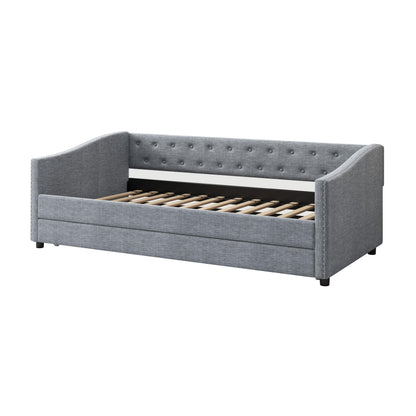 FAVSH Upholstered Daybed with Trundle, Twin Size Day Bed w/Button-Tufted Back and Piping on Waved-Shape Arms for Bedroom or Guest Room, No Box Spring Required, Light Gray