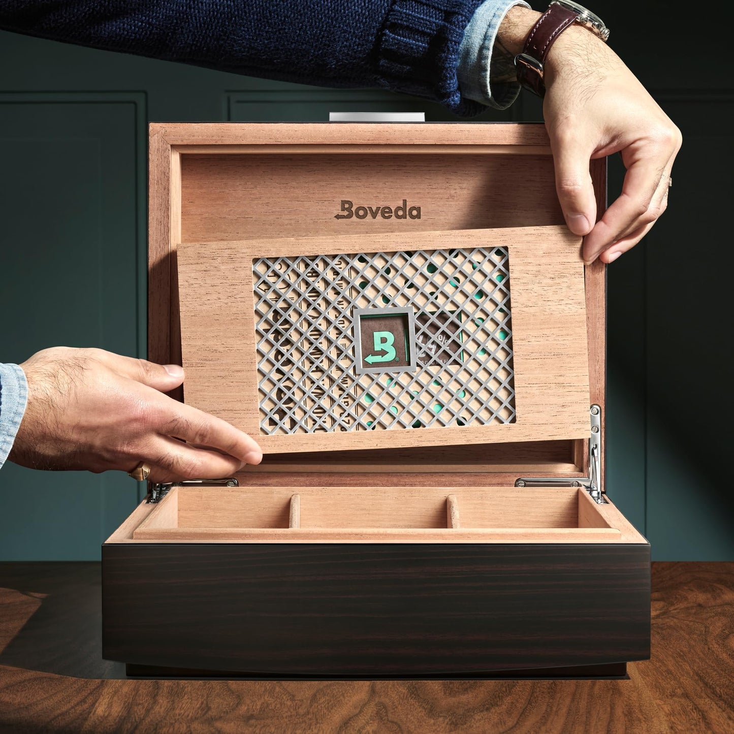 Boveda Bespoke Spanish Cedar Humidor Cigar Box with Macassar Ebony Matte Finish, Custom-Built Holder, Includes 84% Seasoning Packs and 69% Size 320 Humidity Pack, 50 Cigar Capacity