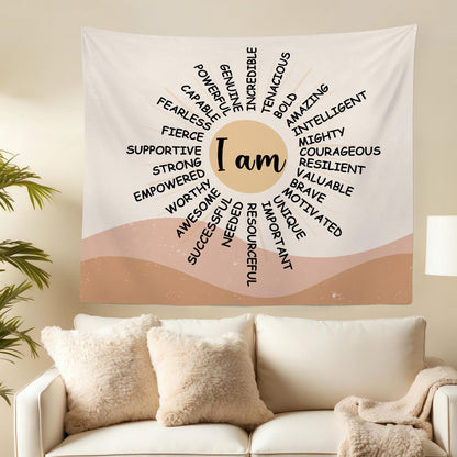 MNOSAIOO Inspirational Boho Sun Wall Tapestry Hanging for Classroom Kids, I Am Brave Important Tapestry, Motivational Mental Health Tapestries Wall Decor for Bedroom Therapy Office Home 60x50 inch