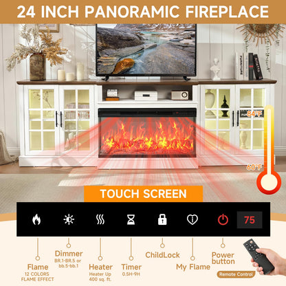 ROCKPOINT 97" Farmhouse Fireplace TV Stand with 3 Sided Glass 36" Electric Fireplace Heater for TVs up to 100", Media Entertainment Center with Adjustable Shelves and Large Storage Cabinets,White