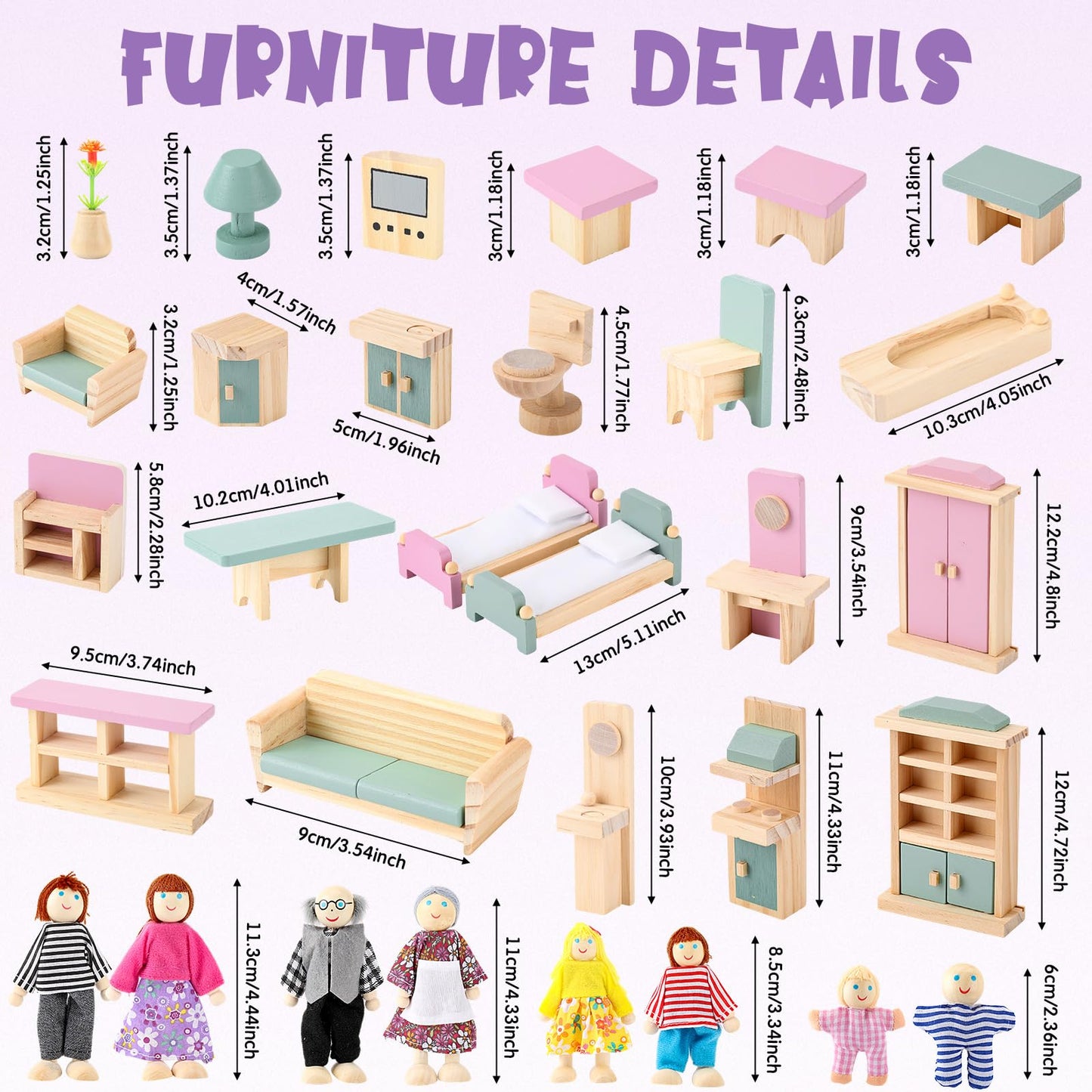 Sumind 35 Pcs Wooden Dollhouse Furniture Set with 8 Family Figures, 1:12 Scale Miniature Dolls House Accessories for Kitchen, Bedroom & Bathroom, Montessori Educational Toy Gift for Girls and Boys