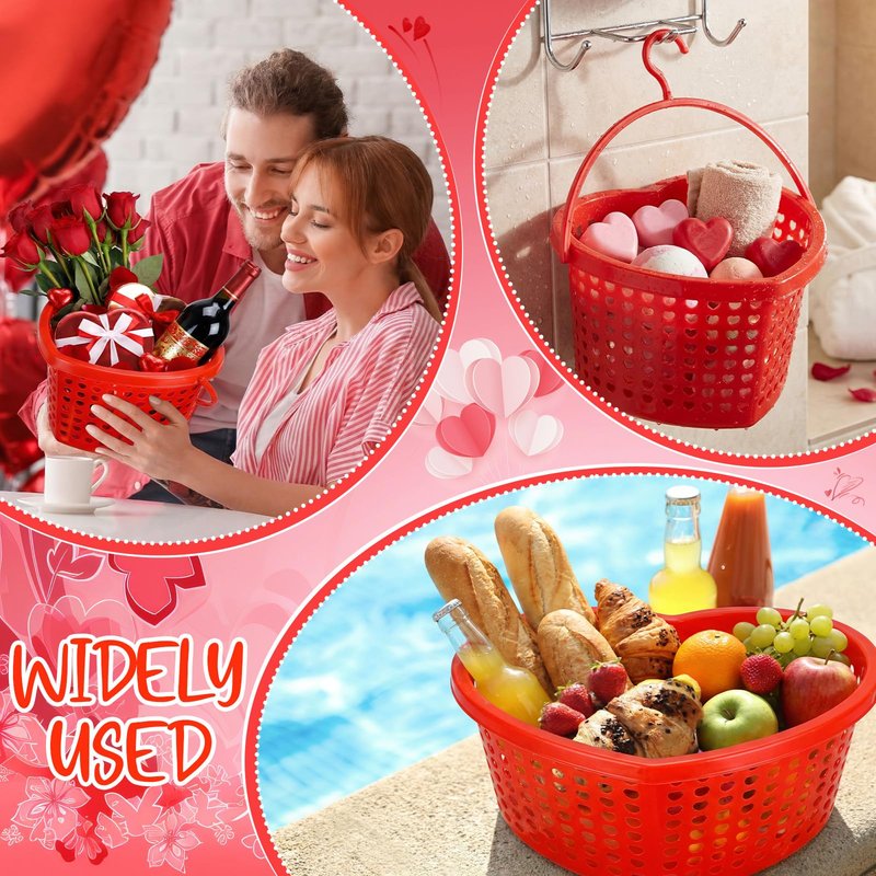Acellegic 24 Set Pink Valentine's Day Heart Baskets Hollowed Plastic Storage Baskets with Handles for Gift Organizing Home Kitchen Office Birthday Party