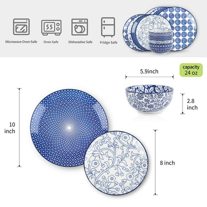 Selamica Ceramic Dinnerware Sets, 12-Pieces Plates and Bowls Sets, Scratch Resistant Dishes set for 4, Dishwasher & Microwave Safe,Vintage Blue