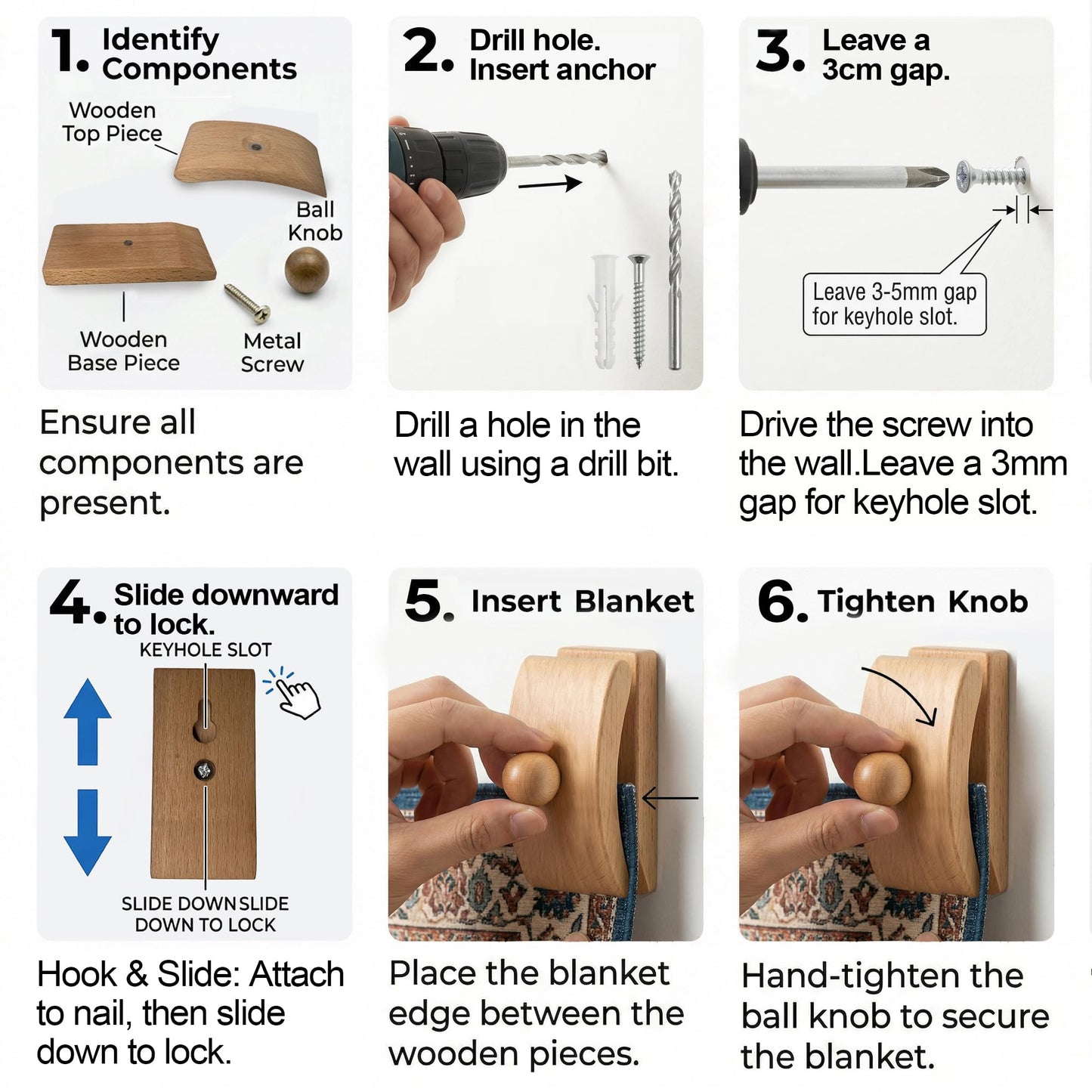 Walnut Adjustable Large Quilt Hanger for wall for Display,Wooden Heavy Duty wall Hanger Clips for Tapestry,Rug,Carpet and Duvet Covers,Poster Frame Nails and Hanging kit (Boho Curved Clip)