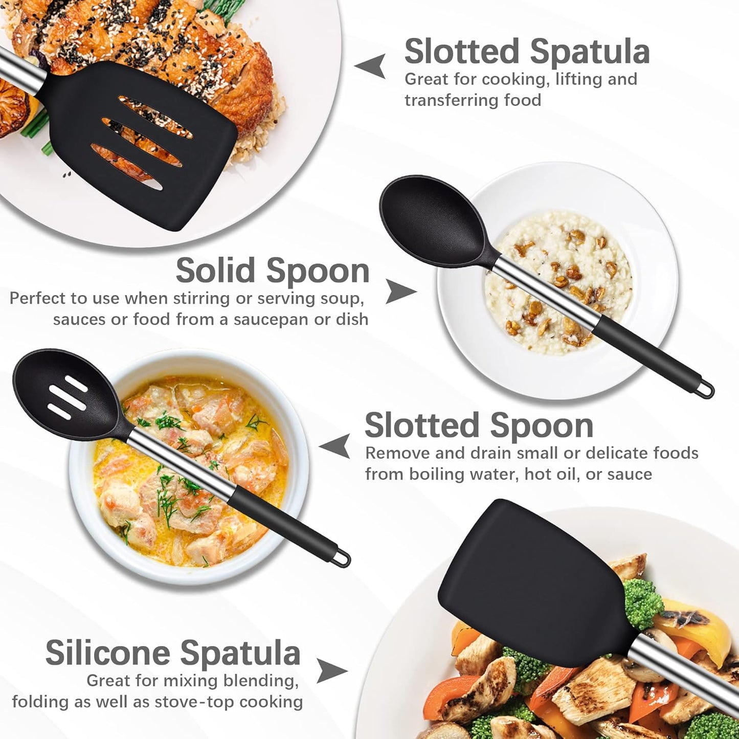 Silicone Spatula Spoon Set, 4 Pack - Solid Turner, Slotted Spatula, and Kitchen Spoons for Cooking and Baking