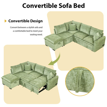 Merax Sectional Convertible Sofa Bed with Storage Ottoman, 2 Pillows, 2 Power Sockets and 2 USB Ports, Modular Sleeper Couch