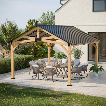 EAGLE PEAK 13x15 Hardtop Gazebo, Exposed Beam Rustic Gazebo, Galvanized Steel Gable Roof with Cedar Wood Frame, Outdoor Pavilion for Patio, Deck, Lawn and Garden Natural Wood/Black