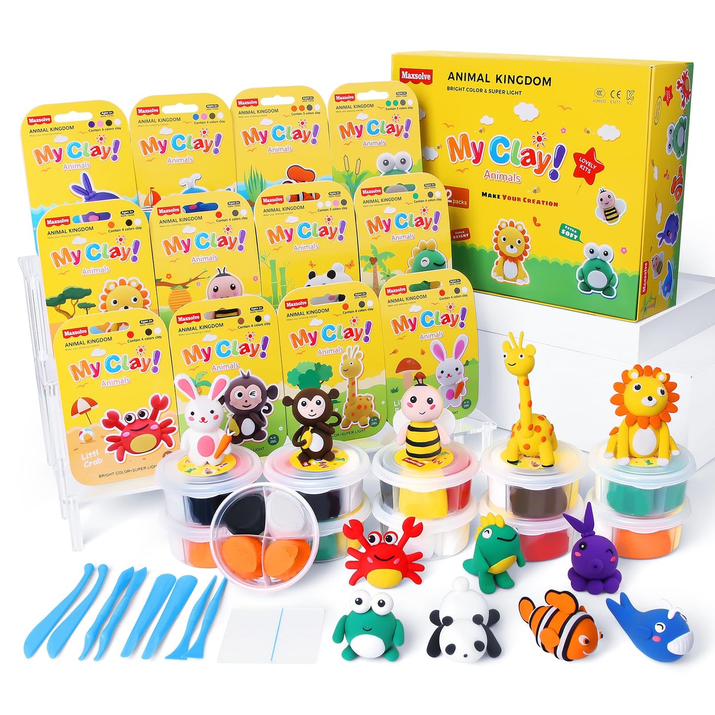 Air Dry Clay Kit for Kids: 12 Animals Modeling Magic Clay Set with Sculpting Tools and Tutorials Safe Non-Toxic & Light Soft DIY Art Craft Molding Clay School Class Home Party Gifts for Boys Girls