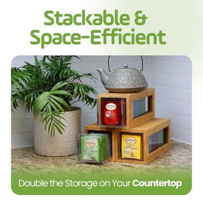 Serenica Homes Bamboo and Acrylic Drawer Tea Bag Holder- Durable & Elegant Tea Bag Storage Holder for Kitchen Countertop, Space-Saving Tea Drawer Organizer