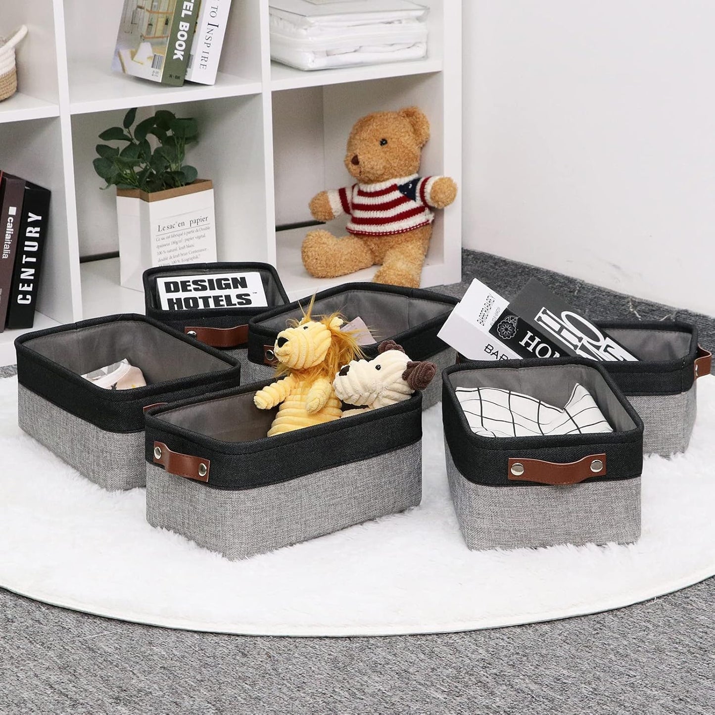 HNZIGE Small Storage Baskets Fabric Bins (6-Pack) for Organizing Clothes, Toys, Books, Gifts (Black & Gray, 11.8" x