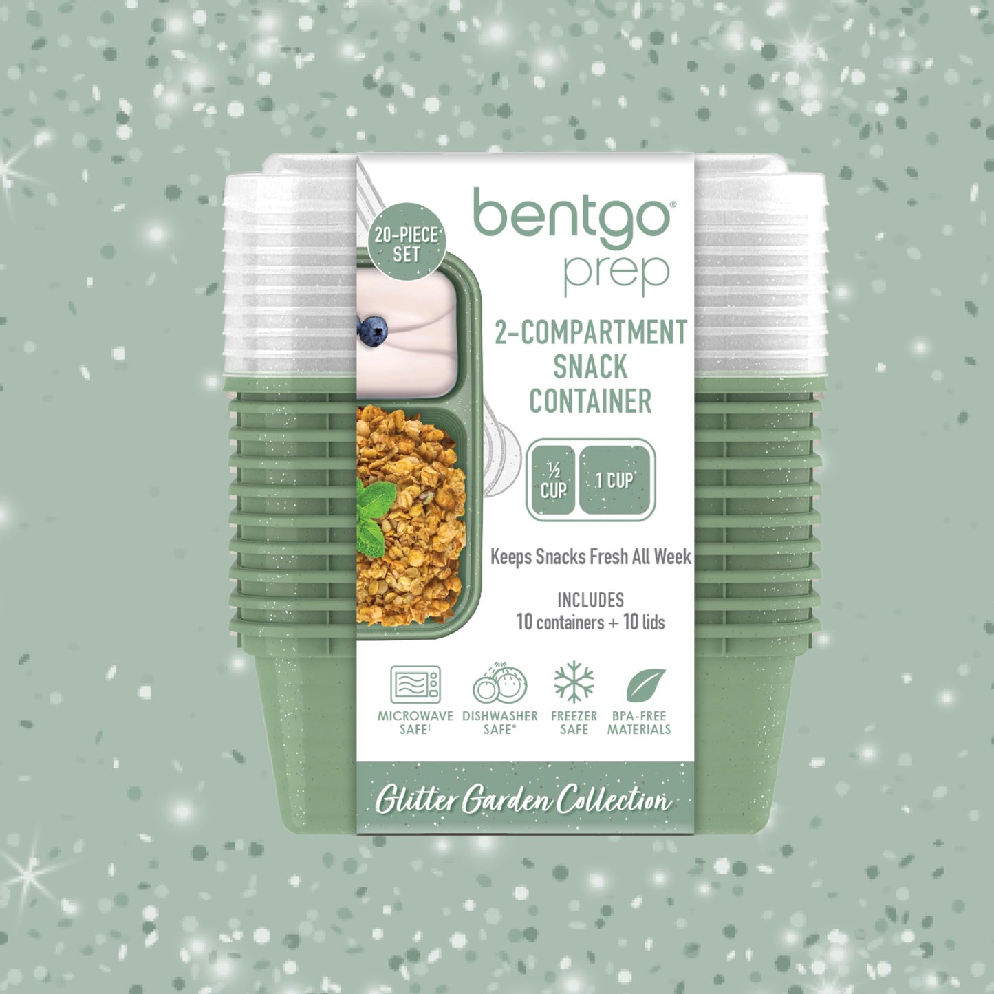 Bentgo Prep - 2-Compartment Snack Containers with Lids - Reusable, Microwaveable, Durable, PFAS & BPA-Free, Freezer, & Dishwasher-Safe Meal Prep Food Storage - 10 Trays & 10 Lids (Basil Glitter)