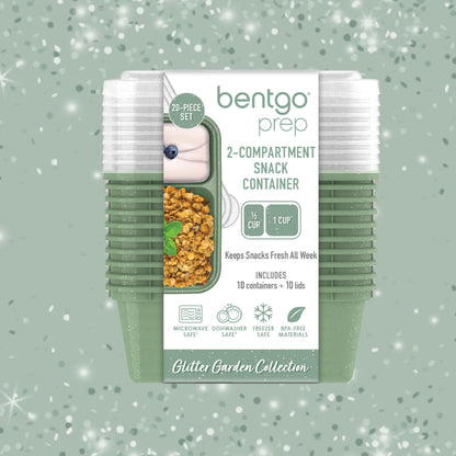 Bentgo Prep - 2-Compartment Snack Containers with Lids - Reusable, Microwaveable, Durable, PFAS & BPA-Free, Freezer, & Dishwasher-Safe Meal Prep Food Storage - 10 Trays & 10 Lids (Basil Glitter)